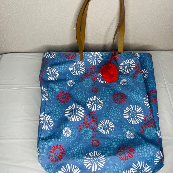 Floral Red White And Blue Canvas Tote Bag Faux Leather Brown Handle Straps - Picture 2 of 5